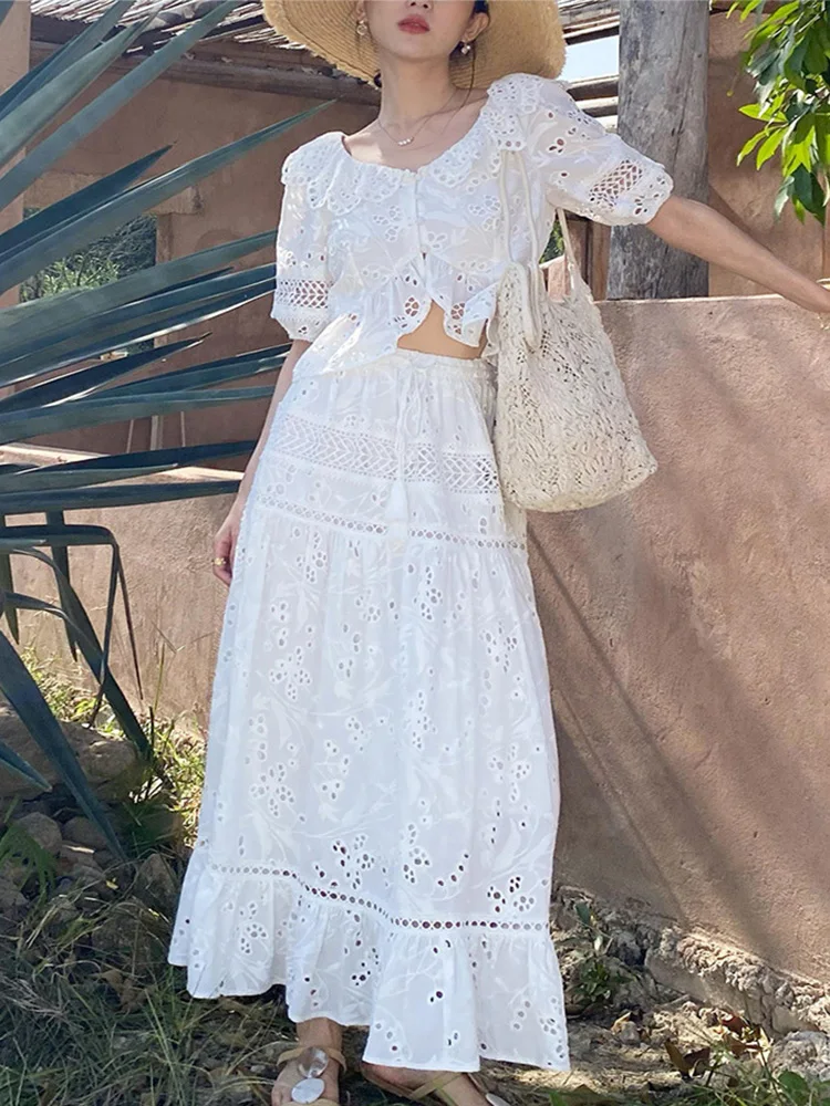 Drauuing Elegant Women French Vacation Outfits Female Embroidered Top And Skirt Solid Two Piece Set Summer Midi Skirt White Suit