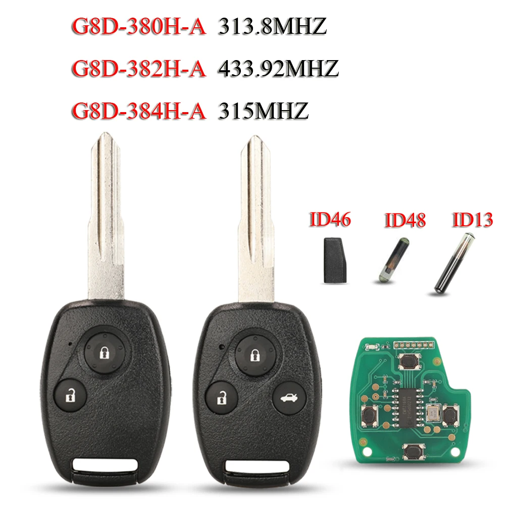 

jingyuqin G8D-380H/382H/384H-A Remote Smart Car Key For Honda CRV Accord Odyssey Jazz 313.8/315/433.92Mhz ID46/ID48/ID13 Chip