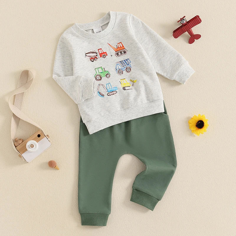 男の子用長袖スウェットシャツとパンツセット,建設車両プリントの衣装,カジュアルウェア,春,秋
