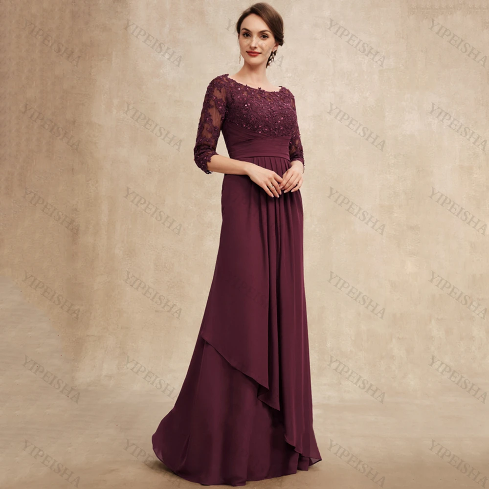 Scoop Neck Breite taille Burgund Mutter Der Braut Kleider Halb Hülse Spitze Appliques Pailletten Chiffon Lange Hochzeit Prom kleid