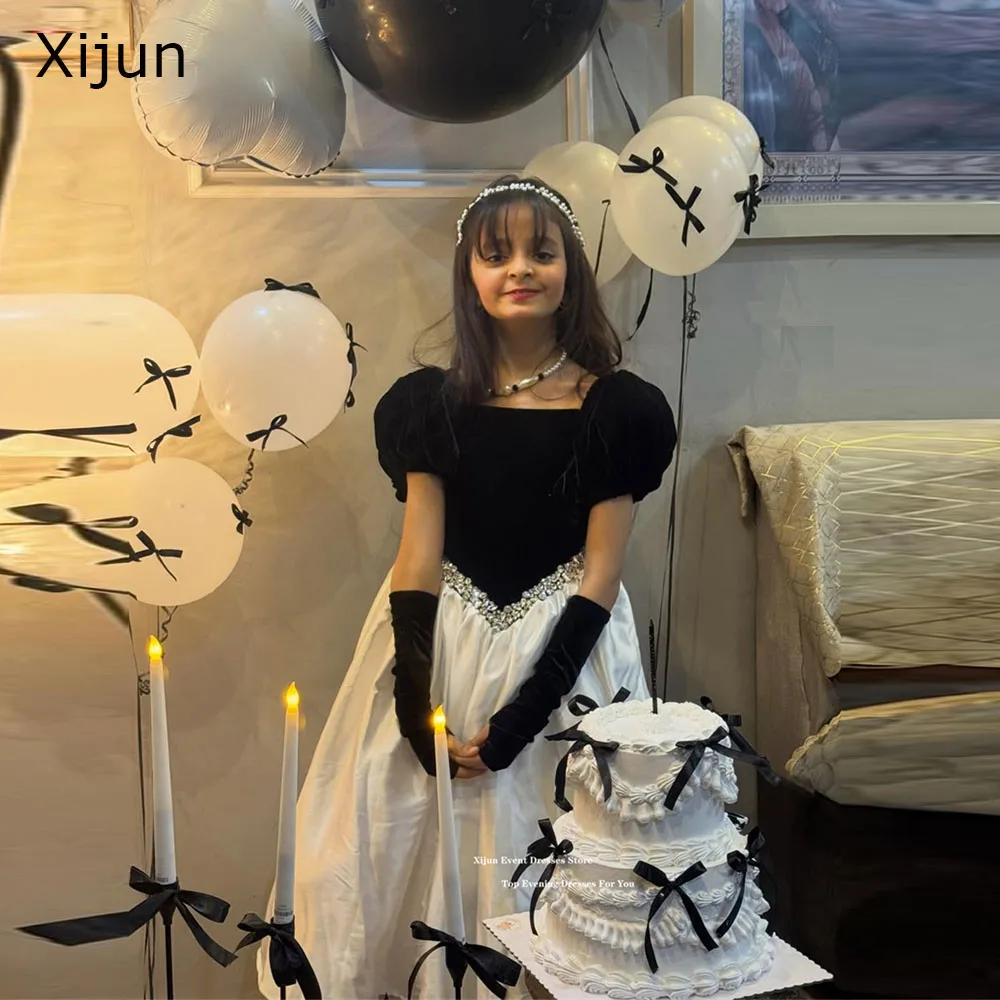 

Платья для девочек Xijun Princess из черного бархата с цветочным узором, платья А-силуэта с кристаллами для дня рождения, детские нарядные платья в стиле Дубай, индивидуальный пошив