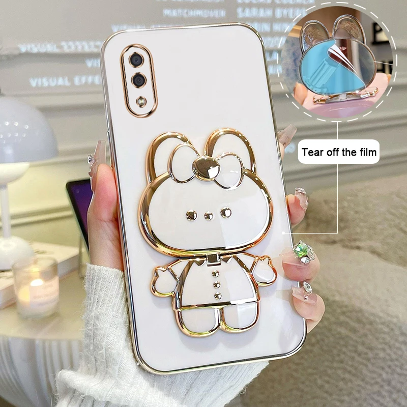 For Samsung Galaxy A01 Phone Case Soft Silicone Solid Color Plating Cartoon Rabbit Fold Stand Makeup Mirror Bracket Cover