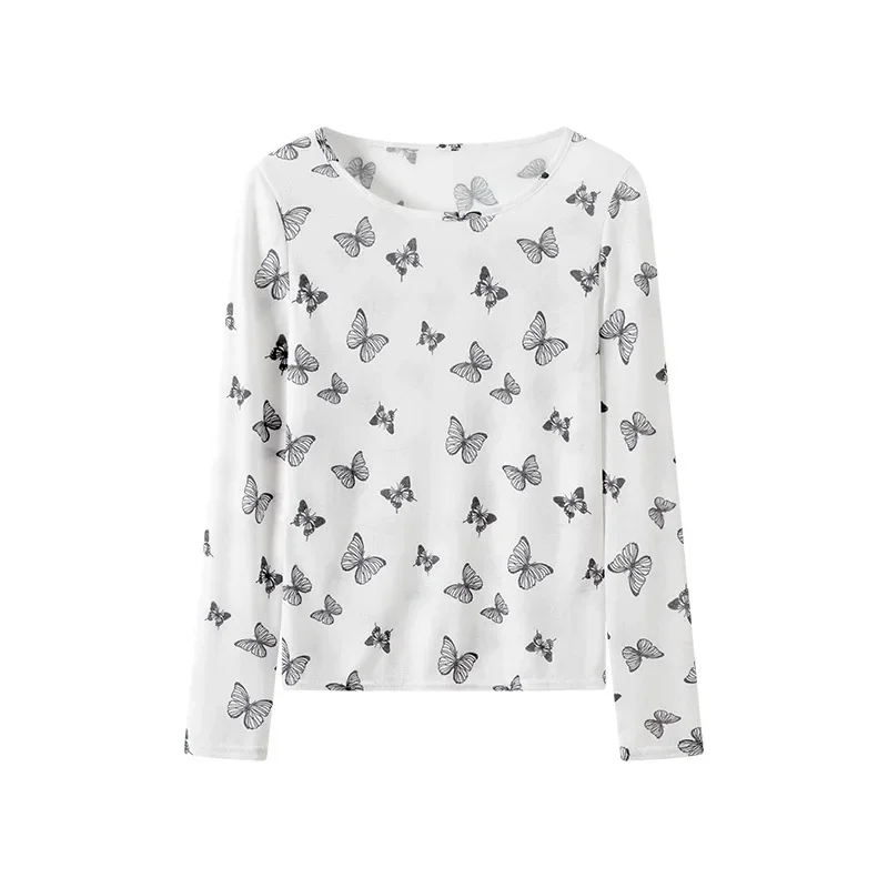 Primavera y novedad de verano, camiseta para mujer con estampado de mariposa, camisa Base ligera, camisa de manga larga con cuello redondo, bata informal ajustada, tendencia