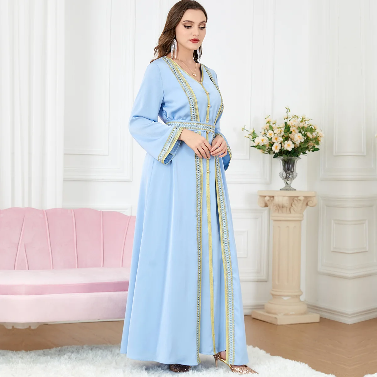 Eid Ramadan Morocco Muslim Women Dress Abaya 2 Piece Set Kaftan V-Neck Maxi Long Sleeve Arabic Turkey Dubai Luxury Evening Robe