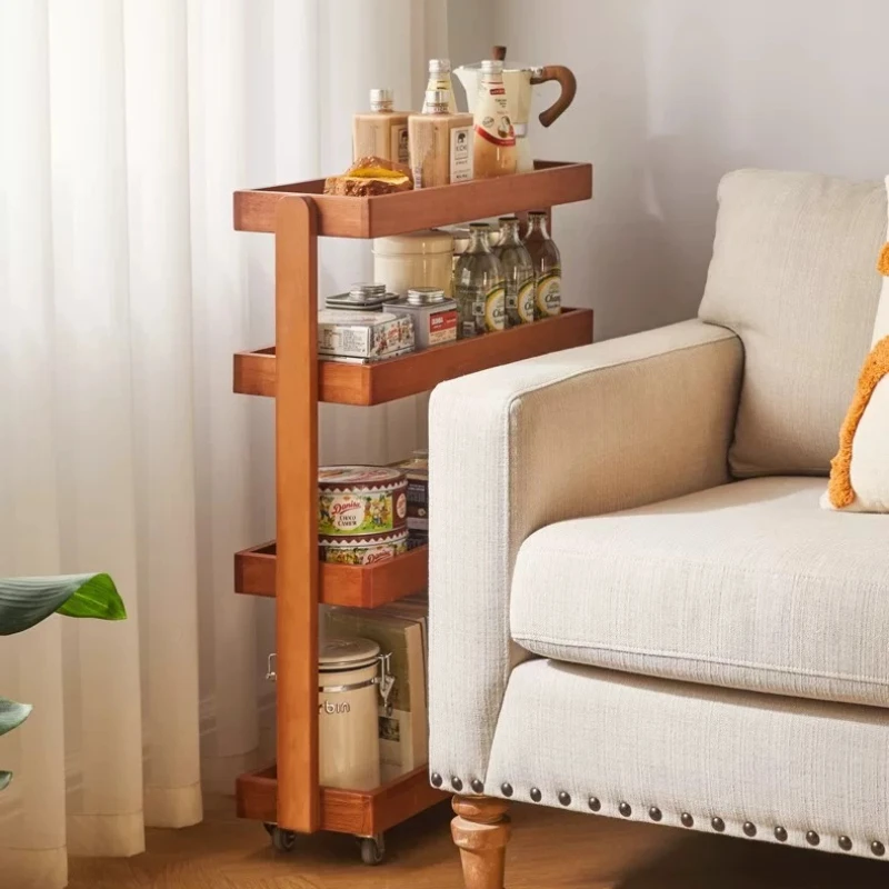 Solid Wood Narrow Side Table, Multi-Tier Snack Shelf for Living Room, Mobile Storage Cabinet for Home, Aesthetic Furniture Decor