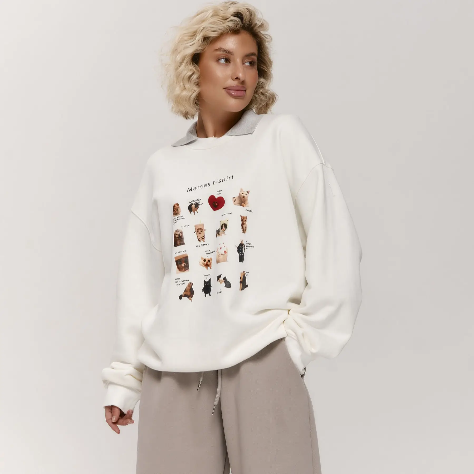New Russian Girls White Blouse Fun Kitten Cat Pattern Sweatshirts Crew Neck Hoodie Loose Cute Y2K Autumn Top Sweet Women Leisure