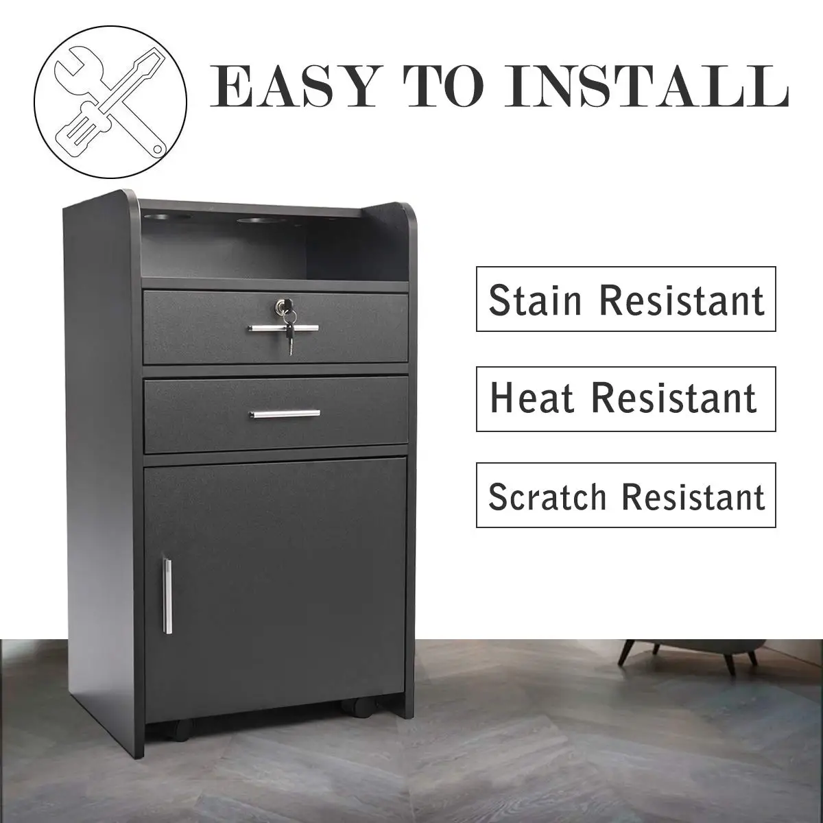 Lockable Rolling Storage Cabinet with Hair Dryer Holders Mobile Locking Storage Cart for Salon Barber Shop   Studio