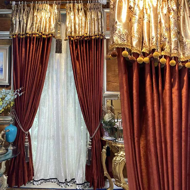 

European luxury thick Velvet embroidered living room red yellow window cloth blackout curtain tulle valance drape M1790