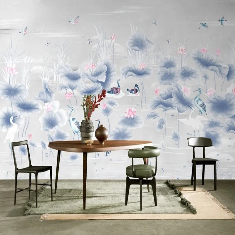 Simple and creative light blue floral fresh design luxurious home decoration bedroom background wall