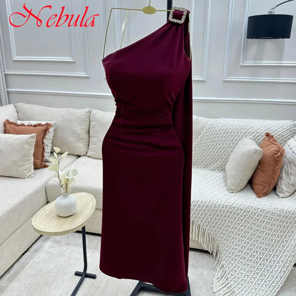 Customized Delicate Burgundy Jersey Evening Dress High Quality Boat Neck One Shoulder Sleeveless Zipper Back Cocktail Dress
