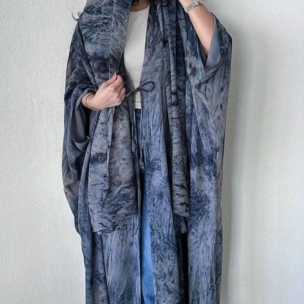 Mulheres tie dye solto abaya manga cheia frente aberta abayas turquia kaftan médio oriente árabe maxi vestidos jilbabs sem hijab