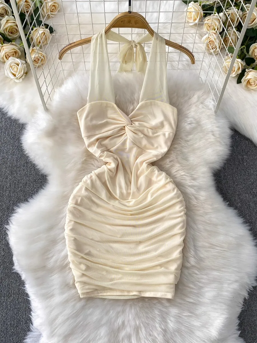 Foamlina 痩身ツイスト V ネックホルタードレス女性の夏のメッシュプリーツ締め付けウエストボディコンミニスカートドレス