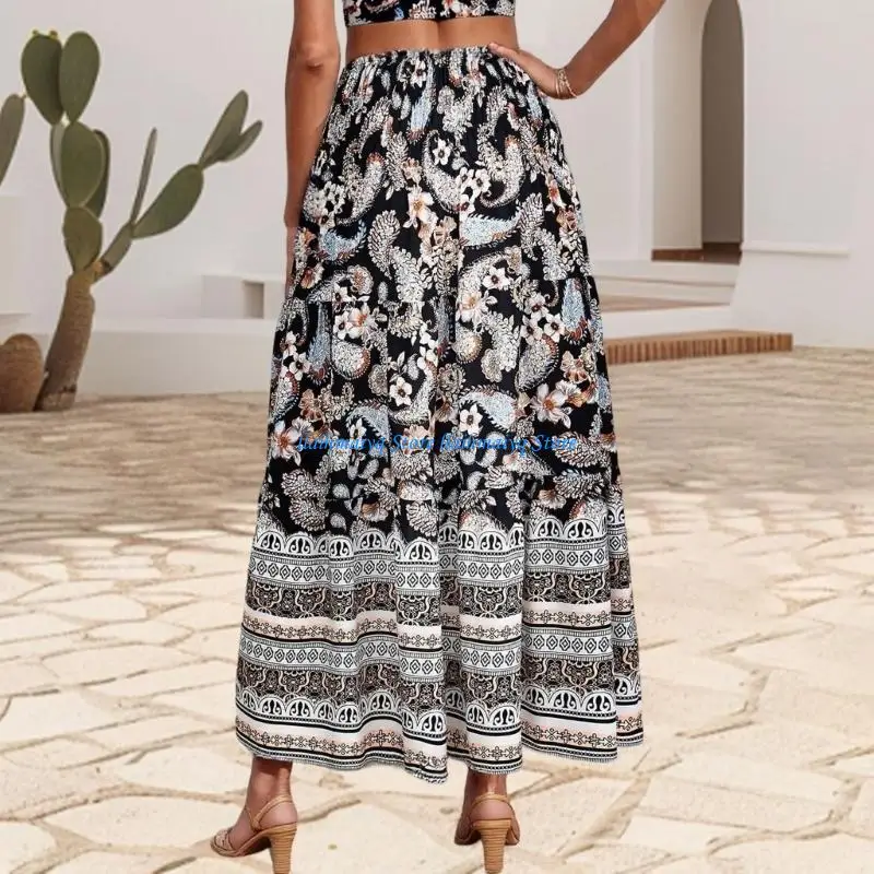 573B Women's long dress, fashionable bohemian, trendy floral A-line beach dress, vacation wear.