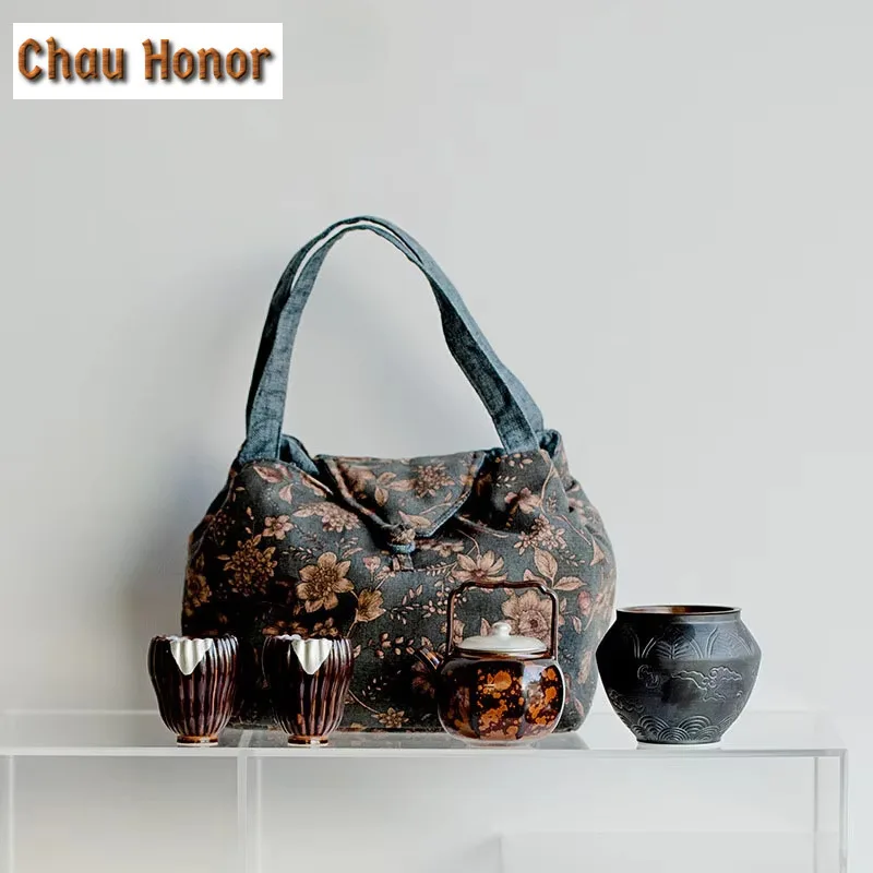 Retro Kiln Change Chestnut Brown Glaze Ceramic Tea Set Drawing Silver Tea Pot Tea Maker Kettle Portable Kung Fu Tea Set Gift Box