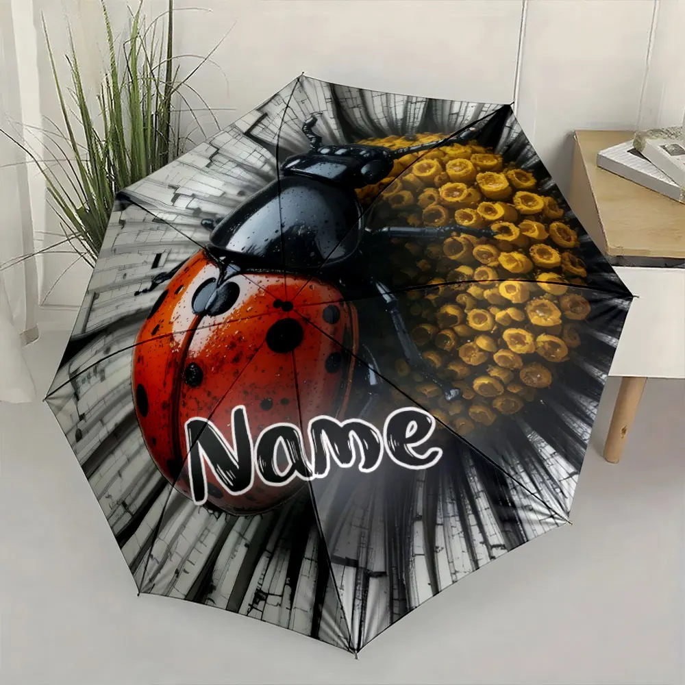 Custom Name Umbrella, Ladybug on Flower with Urban Background Design Folding Umbrella for Sunny and Rainy,Gift