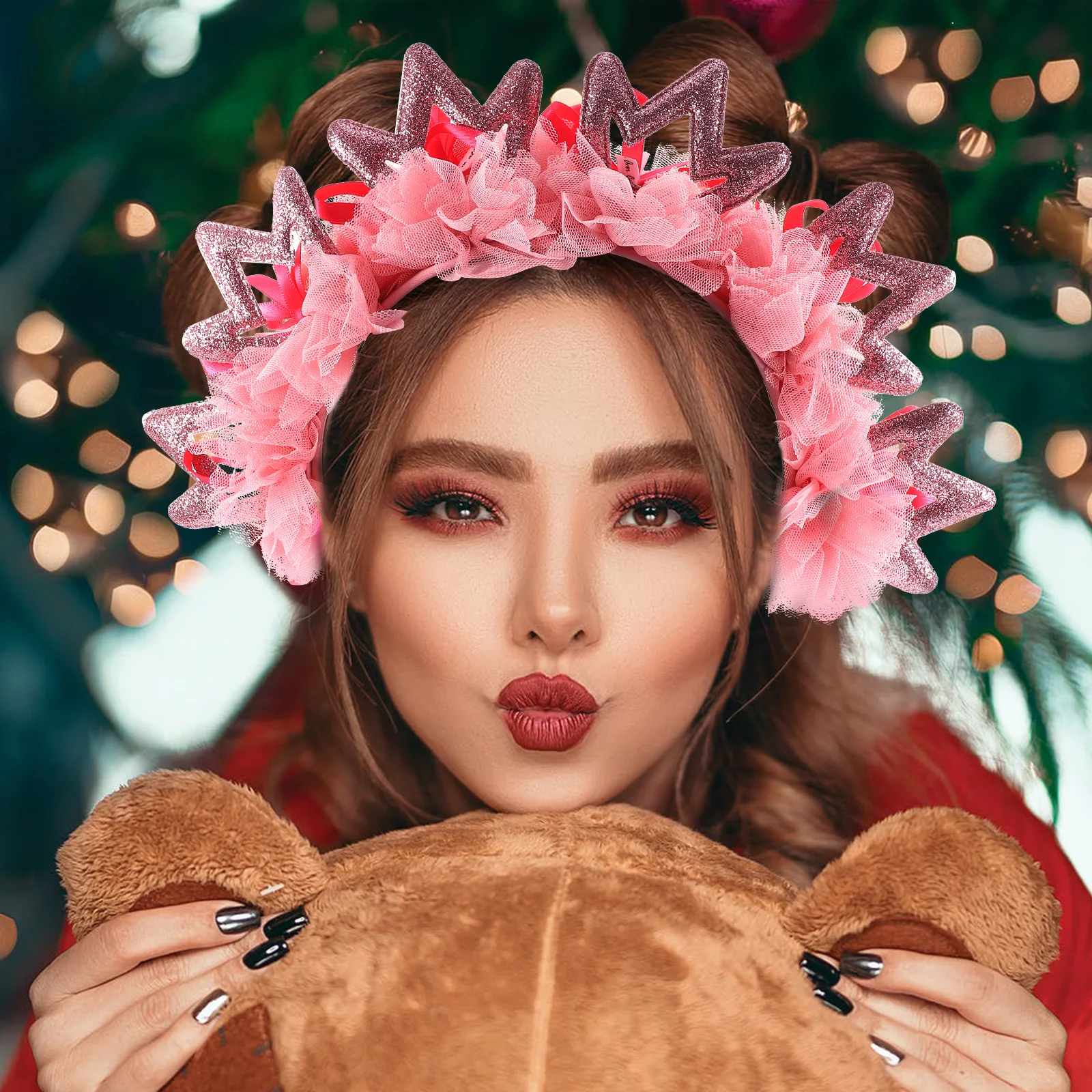 

Crown Headband for Women Pink Glitter Hair Accessories Birthday Party Tiaras Girls Costume Universal Size Decorative
