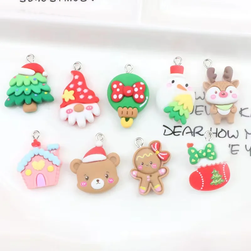 

10pcs New Resin Kawaii Christmas Charm Christmas Tree Reindeer Pendant For Earring Keychain Necklace Jewelry Making DIY