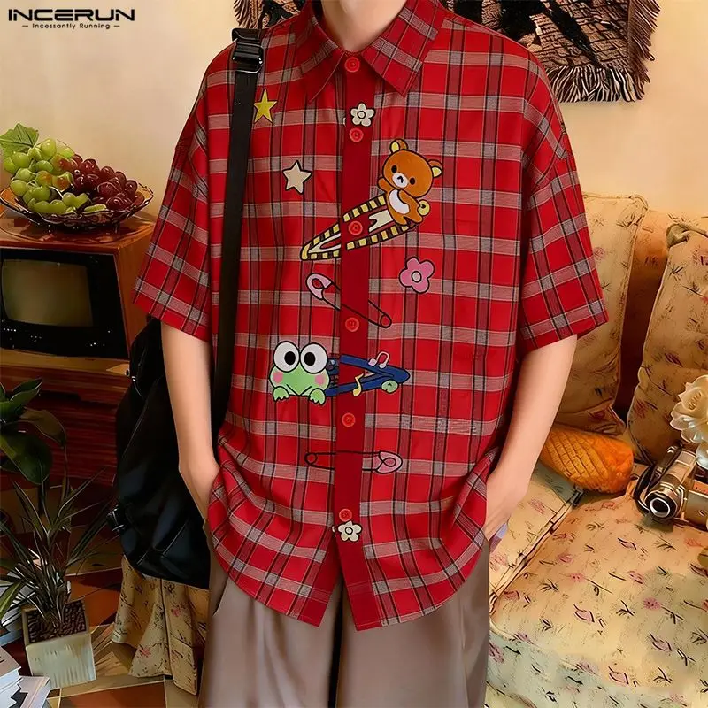 

INCERUN Men's Shirt Printed Plaid Lapel Short Sleeve Casual Men Clothes Tops Summer Loose Korean Style Streetwear Shirts For Man