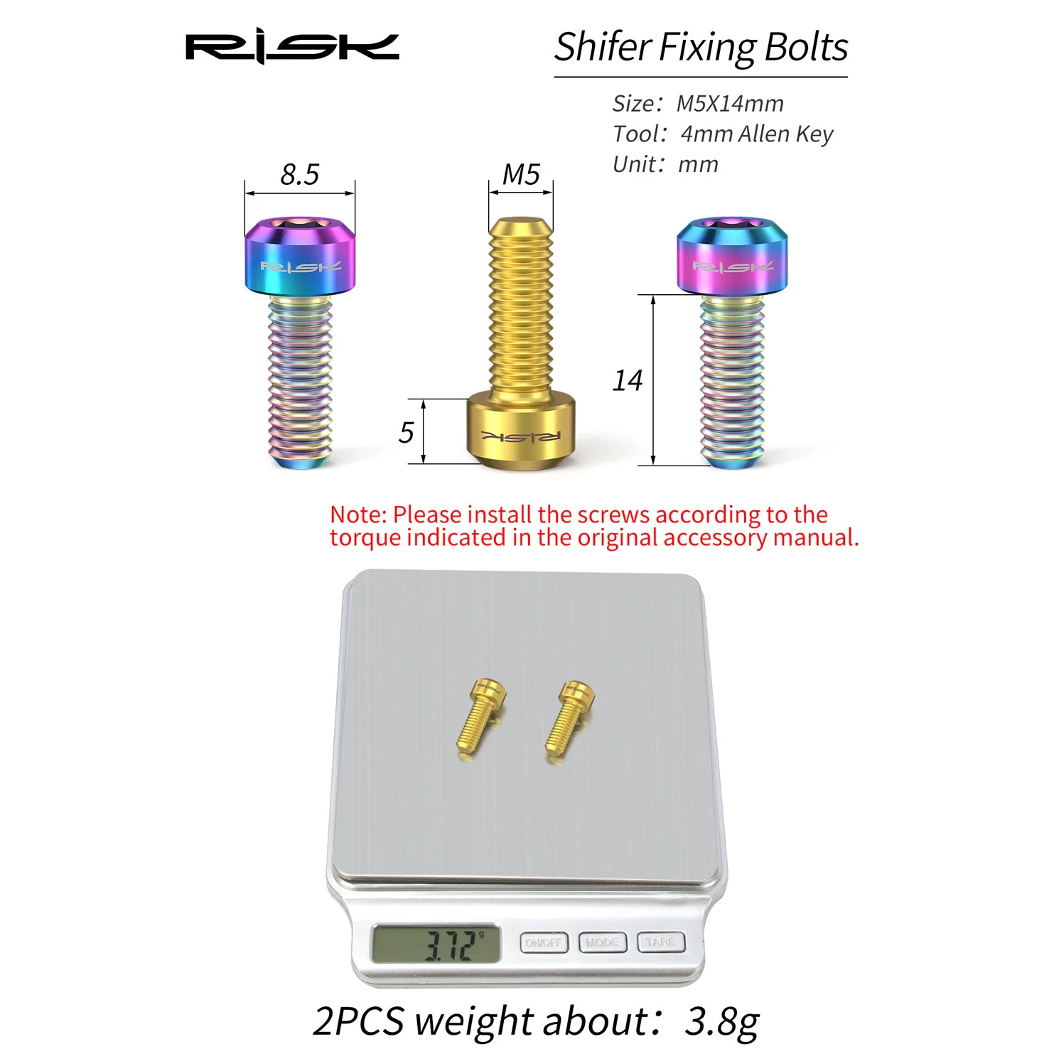 Risk-M5 X 14mm Titanium Bolts, Brake Lever Screw for MTB Bicycle Derailleur, Thumb Shift, Variable Speed Screws, Cycling Parts