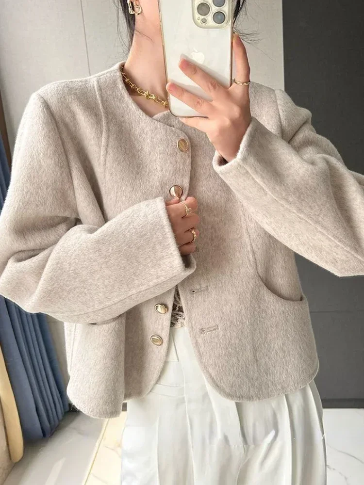 Nowe płaszcze damskie na jesień 2025, moda koreańska, okrągły dekolt, jednorzędowy płaszcz wełniany, elegancki temperament, różowe kurtki dla kobiet.