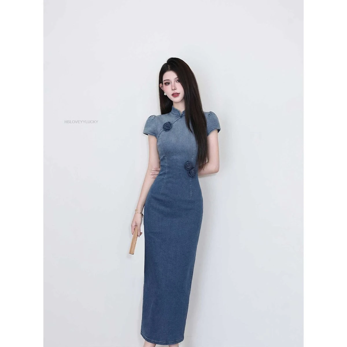 

Blue New Chinese Style Modified Cheongsam Dress Women's Spring Long Dress Niche Blue Gown Dress Floral Qipao Dress