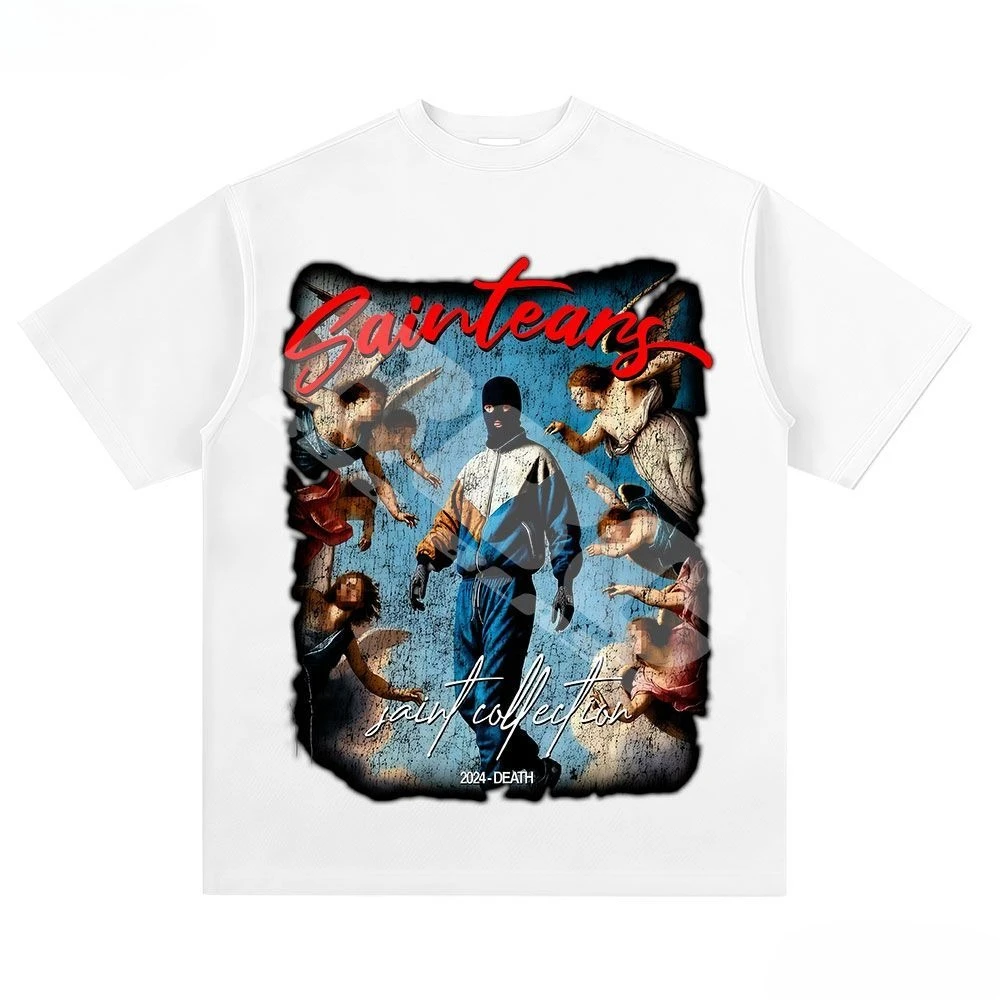 

Американский тренд Ангел Бандит в маске Американский принт High Street Лето Ретро Повседневная мужская и женская свободная футболка с коротким рукавом