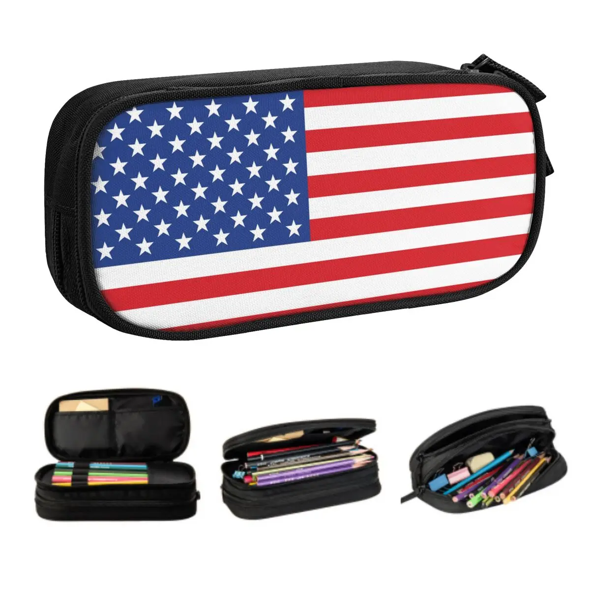 

Custom USA American Flag Kawaii Pencil Case Girl Boy Large Capacity United States US Stars Pencil Box School Accessories