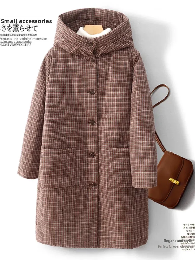 

Хлопковое пальто в клетку с капюшоном в стиле ретро, женское зимнее модное теплое пальто больших размеров с хлопковой подкладкой, пальто средней длины