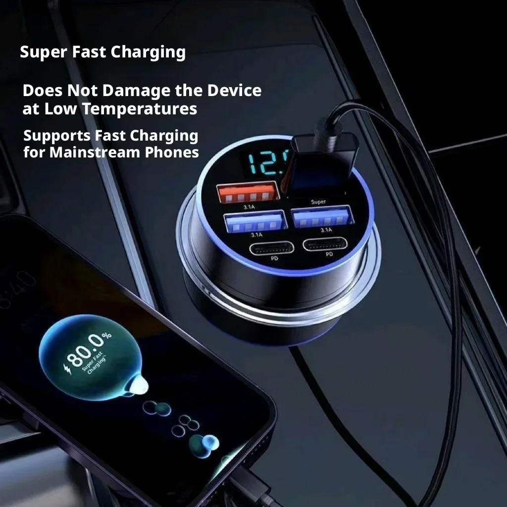 6 in 1 Car Charger Fast Charging LED Voltage Display Multi Port USB Car Phone Charger Cigarette Lighter Adapter Universal