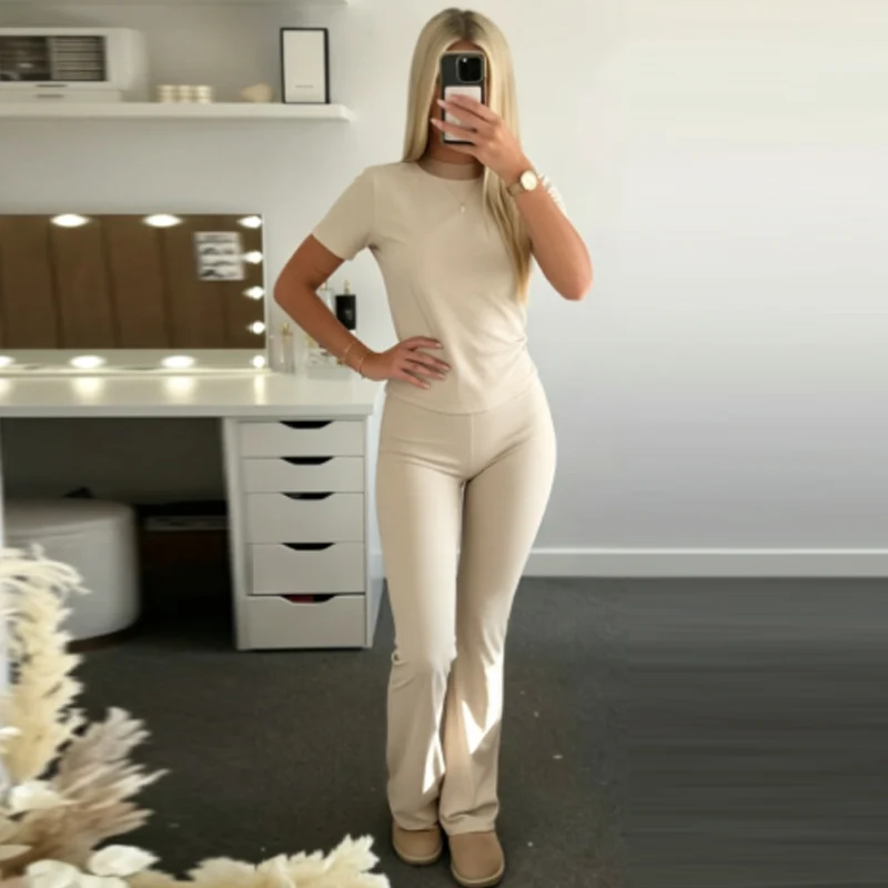 HXAO Weit geschnittenes Hosen-Set für Damen – Sommer 2026 Basic rückenfreies Kurzarm-T-Shirt-Outfit mit schicker, hochtaillierter elastischer Hose – Detail 6