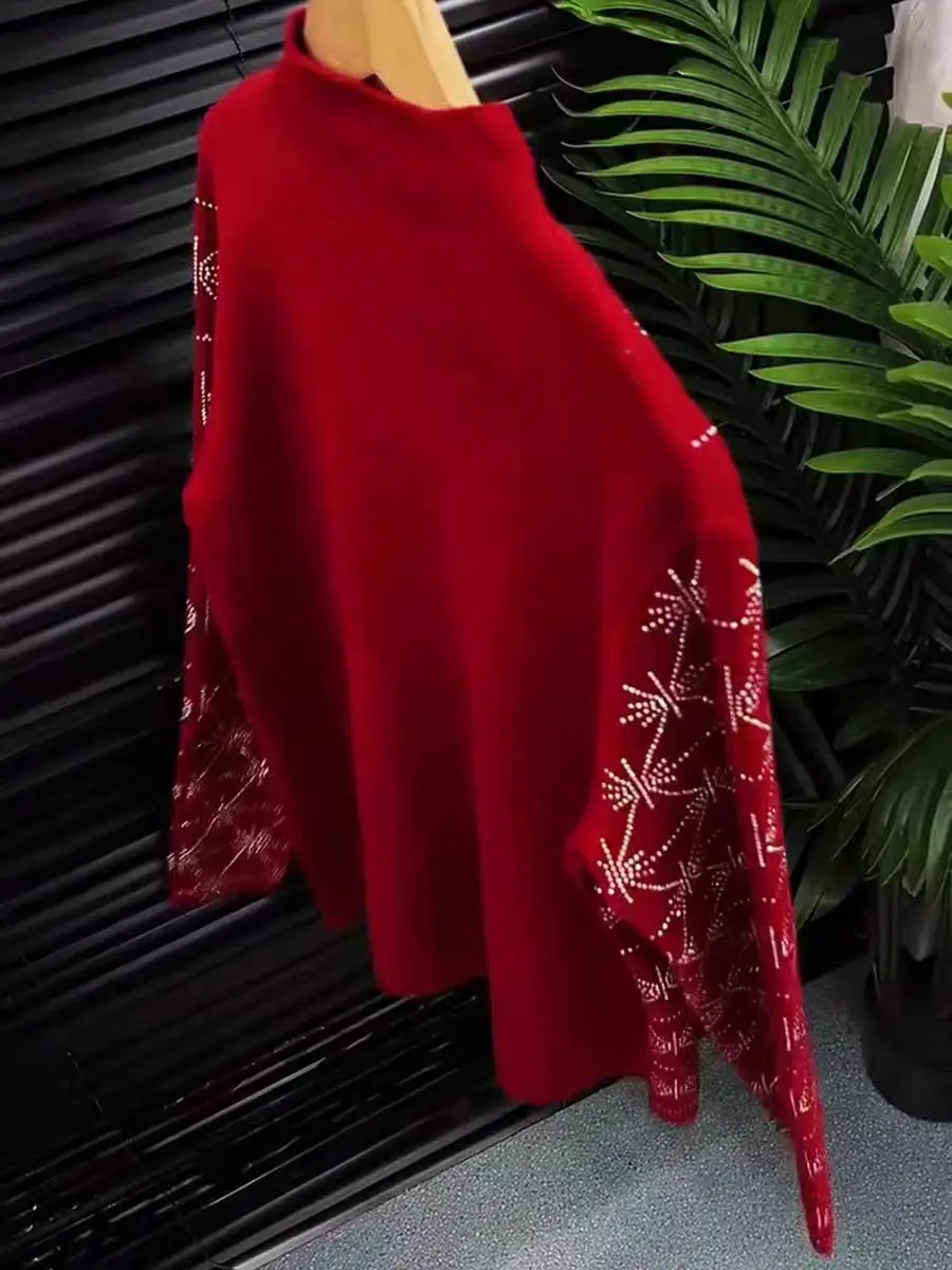 Stile di lusso Sparkle Diamanti Foratura a caldo Vino Rosso Maglione per le donne Autunno/Inverno Maglieria Pullover pull femmes 2025 Trend