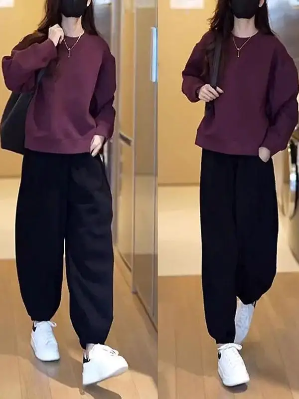 Laid-back Style Casual Hoodie Set Women's Autumn Winter Fashion Loose Street Dance Sport Two-piece Set round Neck Long Sleeve