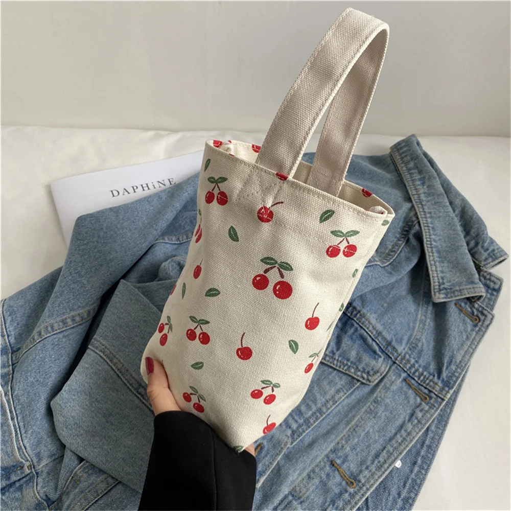 Cherry Printed Bag Eco-Friendly Canvas Handbag Reusable Coffee Cup Thermos Pouch Travel Portable Water Bottle Holder For Stanley