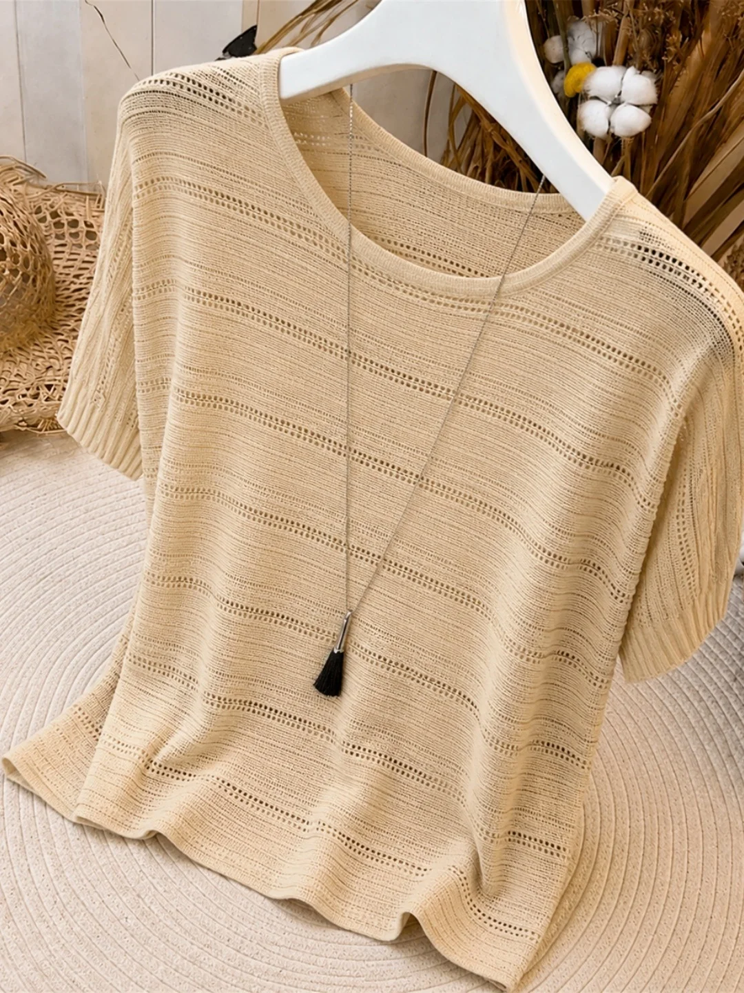 Summer 2026 Women's Ice Silk Knitted Hollow Design Loose Fit Sun Protection Top Fashionable Commute Style Short Sleeve round ...