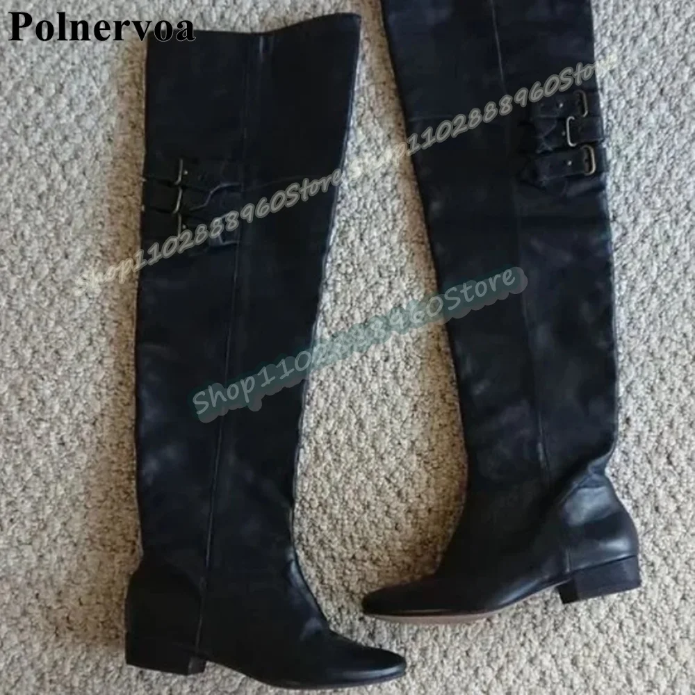 

Over The Knee Black Leather Buckle Strappy Handmade Boots Flats Shoes For Women Side Zipper Round Toe Stylish Zapatos Para Mujer
