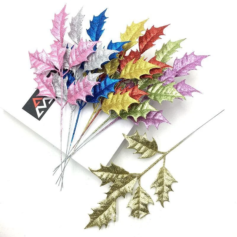 20pcs 42cm Artificial Glitter Christmas Leaf Branch For Flower Arrangement Wedding Xmas Tree Party Home Garden Decoration