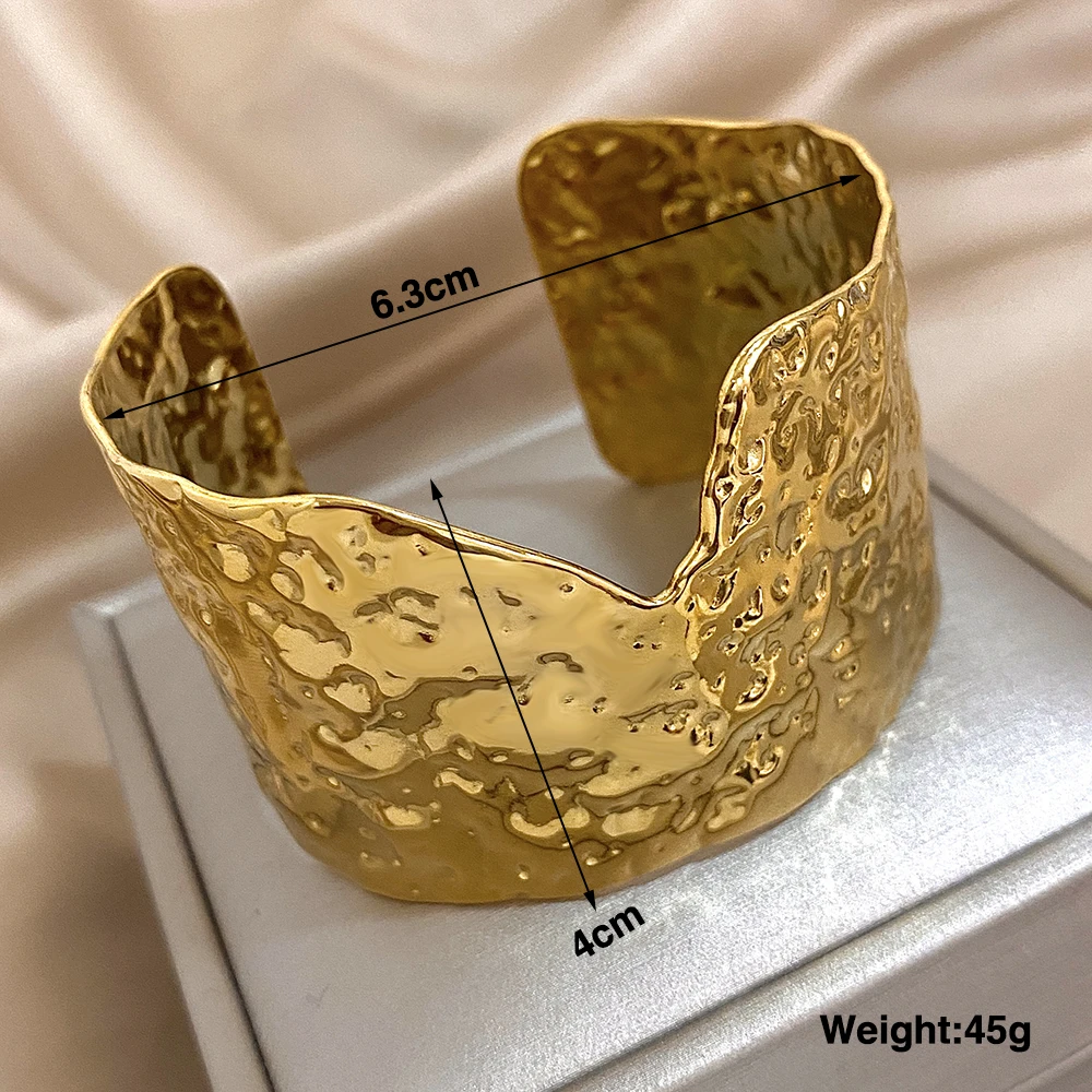 Greatera Hammered V-Shaped Stainless Steel Adjustable Cuff Bracelet Bangle for Women Gold Plated Wide Bracelets Party Jewelry