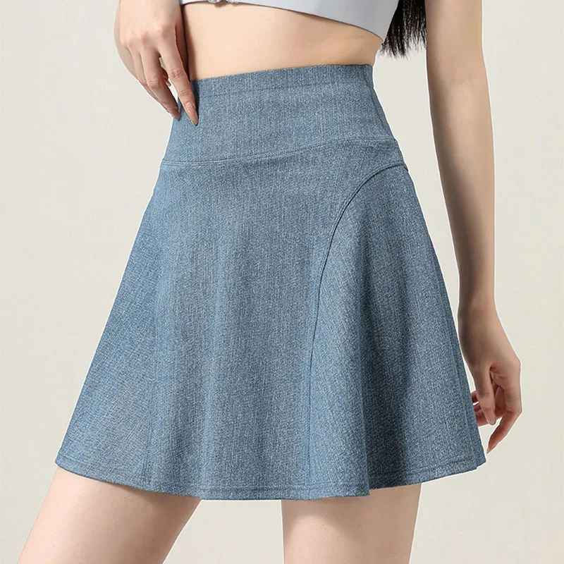Women Skirts A-line Style Elastic High Waiste Inner Pocket Slim Fit Pleated Edge Solid Color Simple Leisure Versatile Mini Skirt