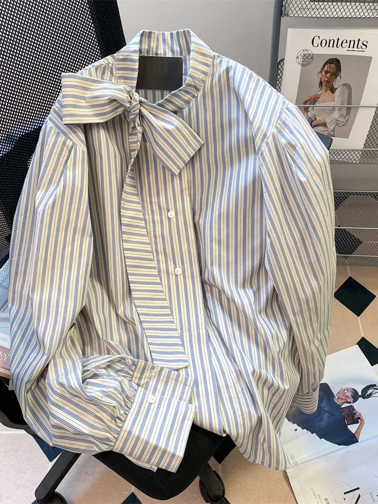 

Women Striped Bow Shirts and Blouses Vintage Y2k 90s Aesthetic Streetwear Korean 2000s Elegant Long Sleeve Shirt Clothes Autumn