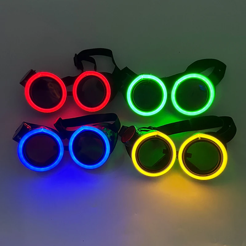 LED Light Up Round Goggles Glowing Circular Glasses Luminous Cyberpunk Eyewear Halloween Bar Music Festival Cosplay Props