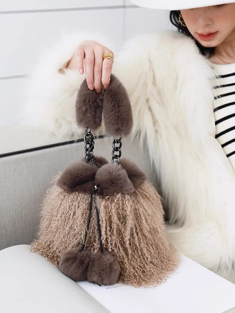 

Women Natural Mongolia Sheep Fur Handbags Real Lamb Fur Wrist Bucket Bag Rex Rabbit Handle Bag