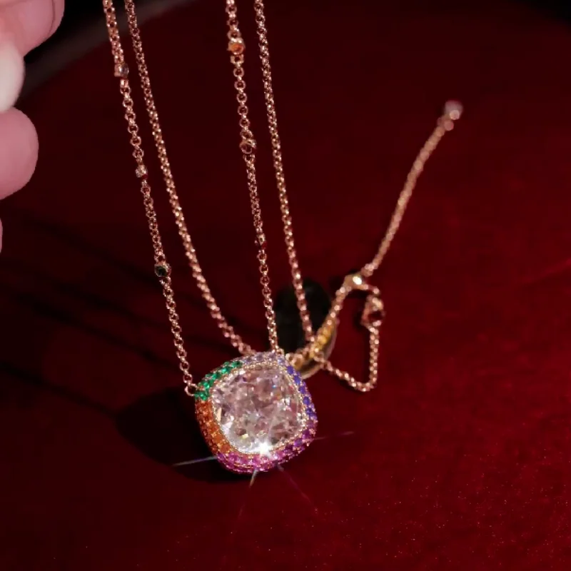 Cameo Pendant Chain 925 Silver Synthetic Zircon 10 Carat Square White Diamond Ice Cut Colorful Gemstone Versatile Necklace