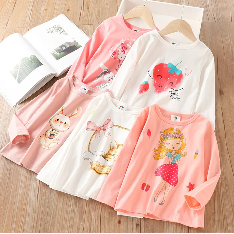 2024 Spring Autumn Fashion New 3 4 5 6 7 8 9 10Years Kids Cute Candy Color Tops Long Sleeve Cartoon Basic T-Shirt For Baby Girls