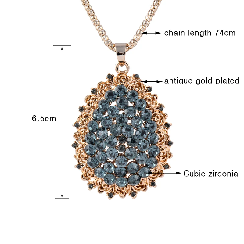 SINLEERY Shiny Waterdrop Pendant Necklace Antique Gold Color Long Chain Gray Zircon Crystal Neckalce For Women Jewelry