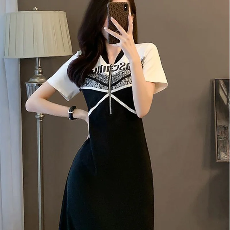 Estate nuovo temperamento elegante moda stampato impiombato cerniera pendolare Versatile scollo a v manica corta a-line abito di media lunghezza