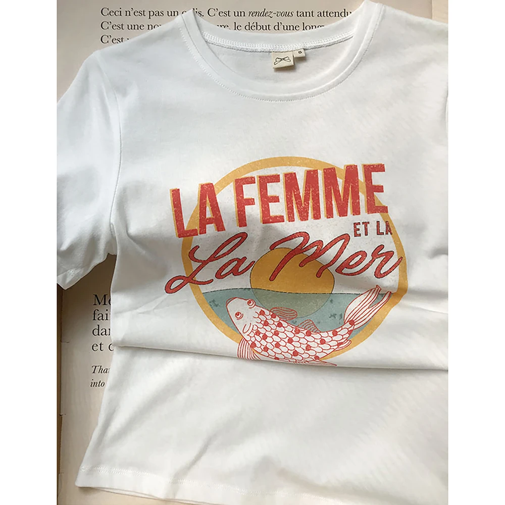 روان 5C150 الأسماك رسالة الجرافيك طباعة المرأة تي شيرت الصيف س الرقبة قصيرة الأكمام سيدة البلوز الكلاسيكية عادية خمر فام #2