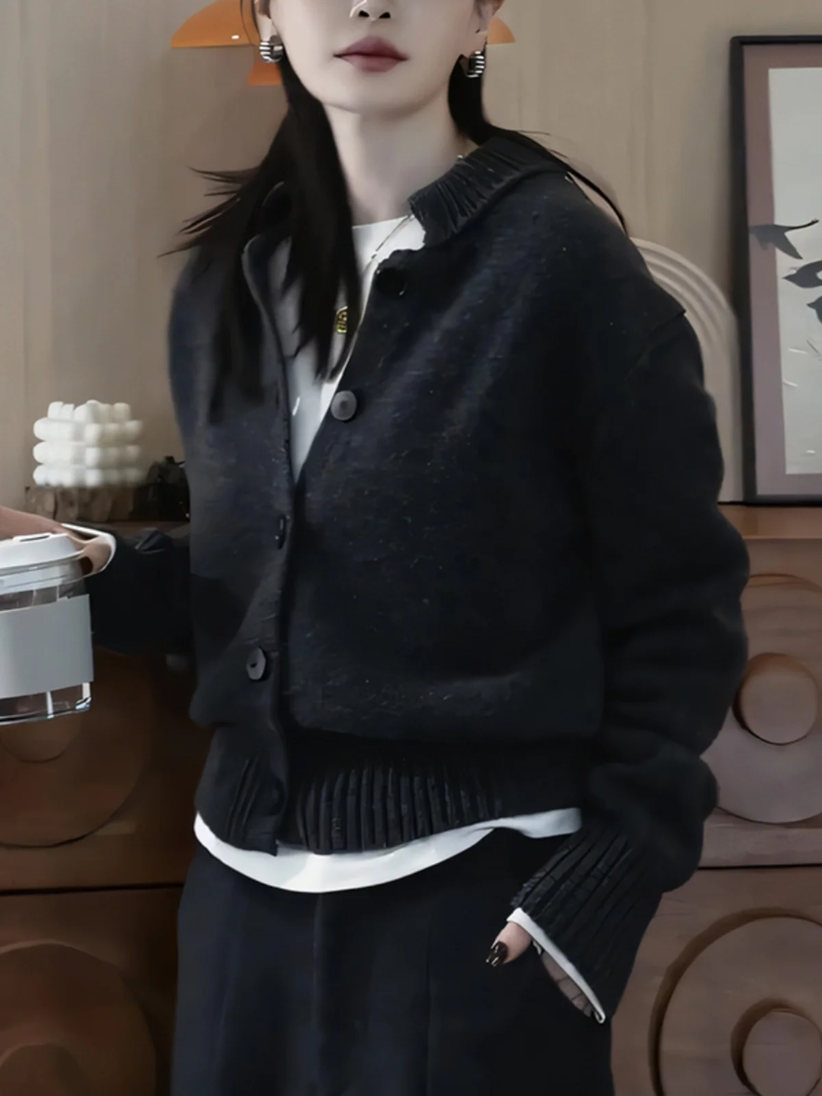 

Casual round Ne Knitted Sweater Women's Outerwear Loose Fit Single Button Sle Spring Autumn New Faion Korean Version