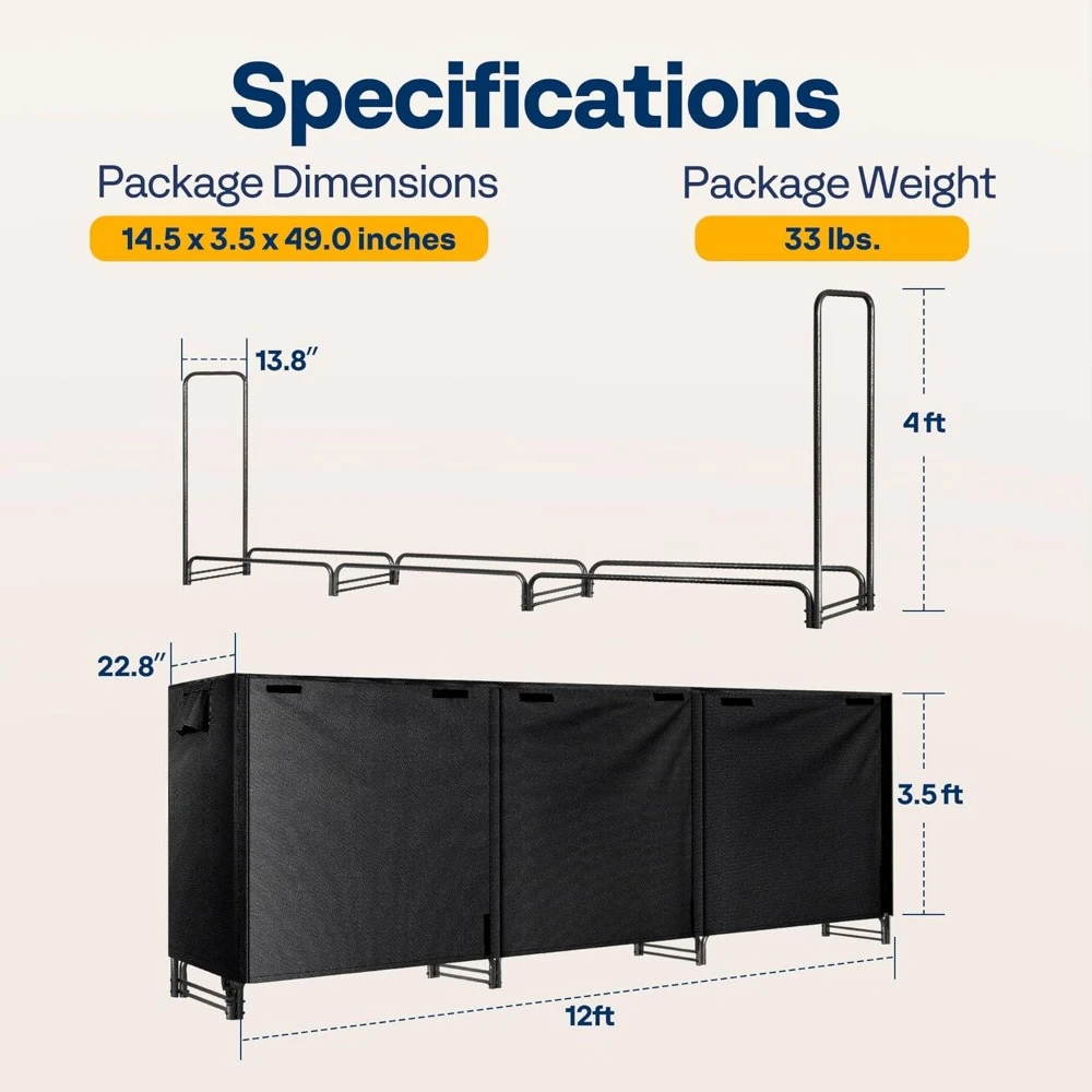 Rack de armazenamento de lenha para uso interno e externo resistente com conjunto combinado de tampa preto