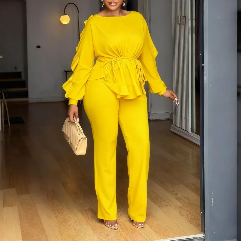 Two-piece Cross-border Set Elegant Winter Stretch Ruffled Drawstring Long-sleeved Cinched Waist Top Pants Export Europe America