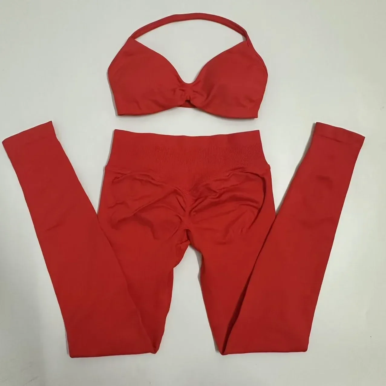 

Yoga Bra Top Workout Scrunch Leggings Suit Fitness Clothes Seamless Impact Gym Set Women Two Piece Strappy Sportswear Set 2Pcs